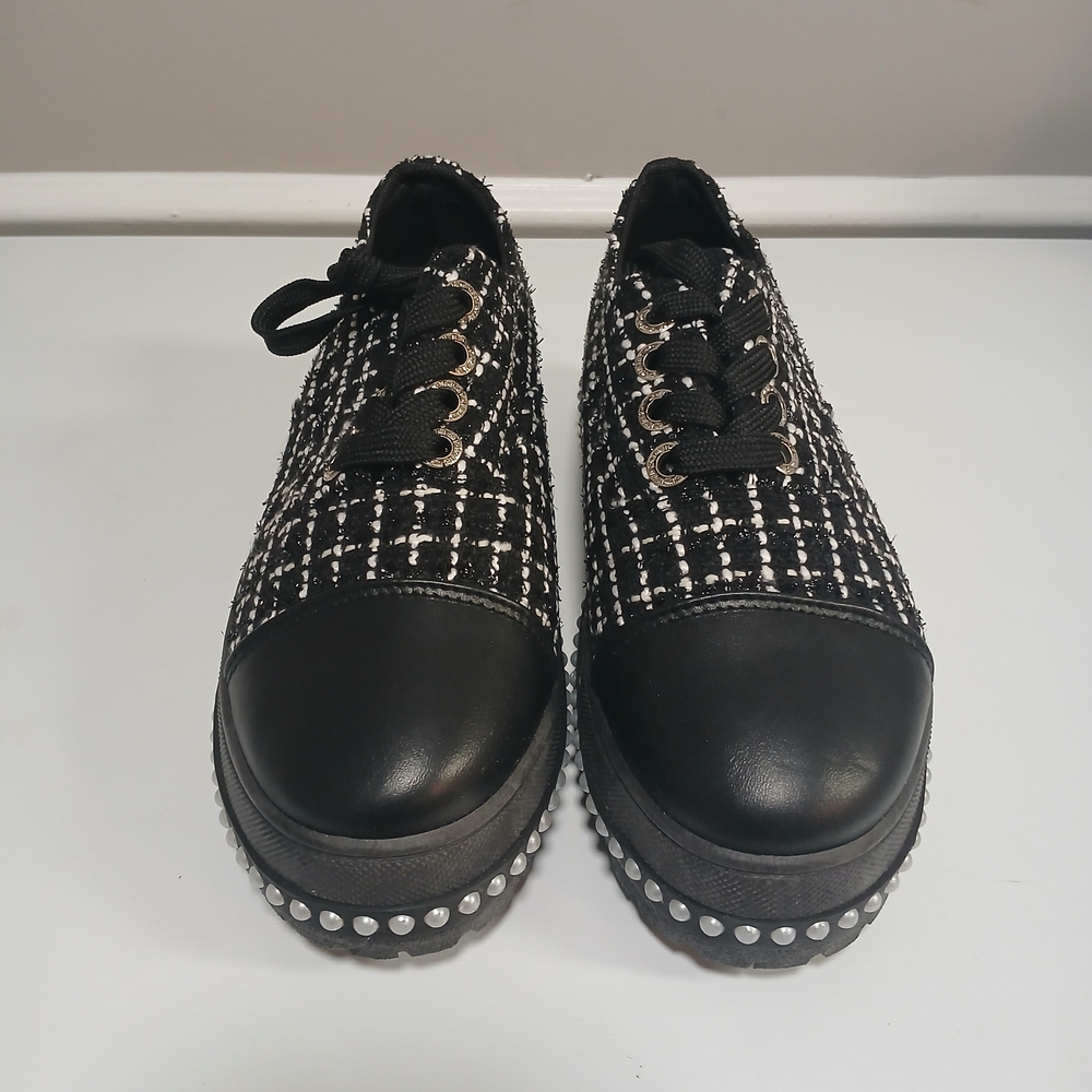 New! Black & White Tweed & Faux Leather Sneakers With Pearl & Sparkle Accents 10